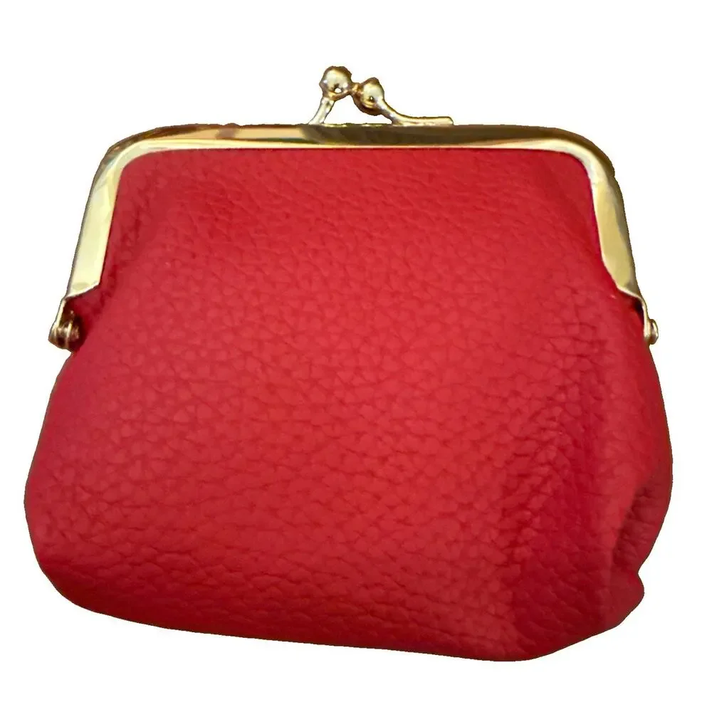 NWT Kiss Lock Coin Purse Red Faux Leather Floral Embroidered Goldtone Frame